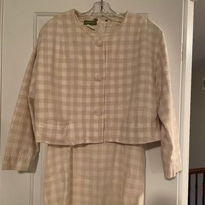 Vintage neutral linen check shift dress with boxy jacket, 60s silhouette